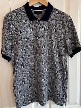 Ted Baker Navy White Patterned Polo Shirt Mens Size 3 M EUC